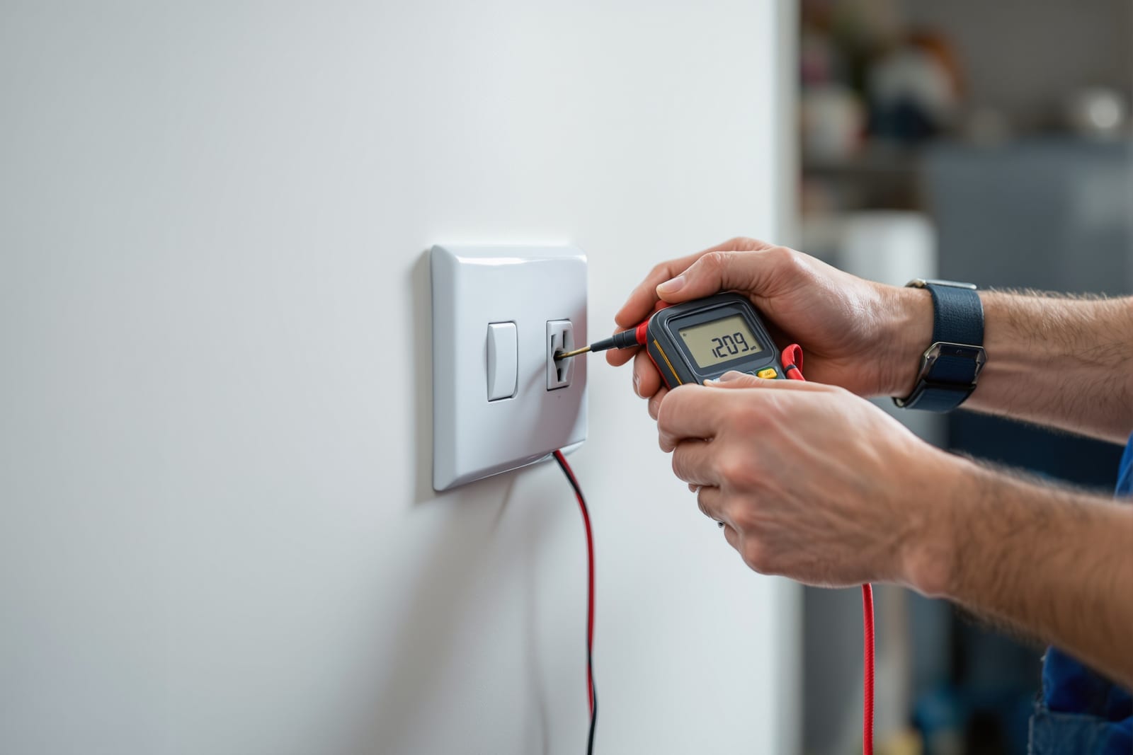 Licensed electrician using multimeter to test voltage at residential electrical panel