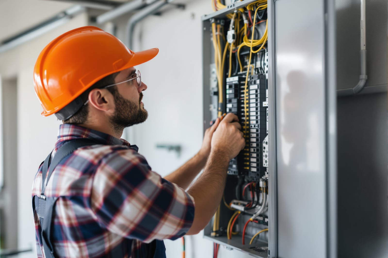 Electrician installing new modern electrical breaker panel