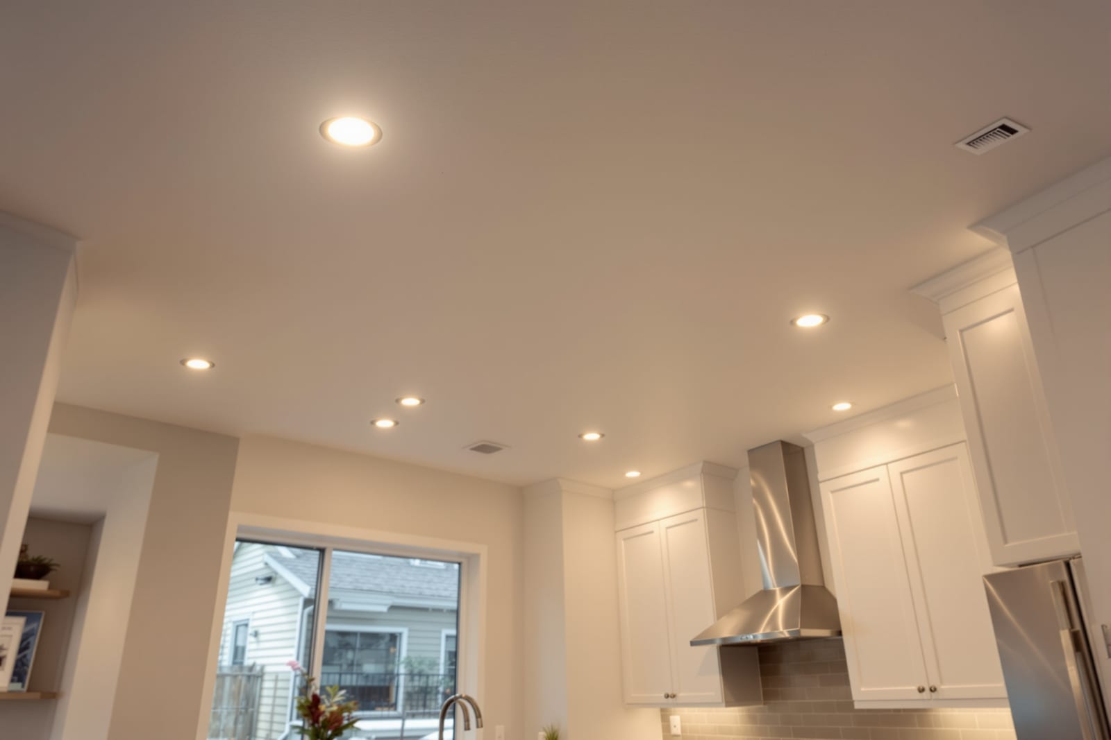 Modern kitchen with recessed LED can lights in Dallas home