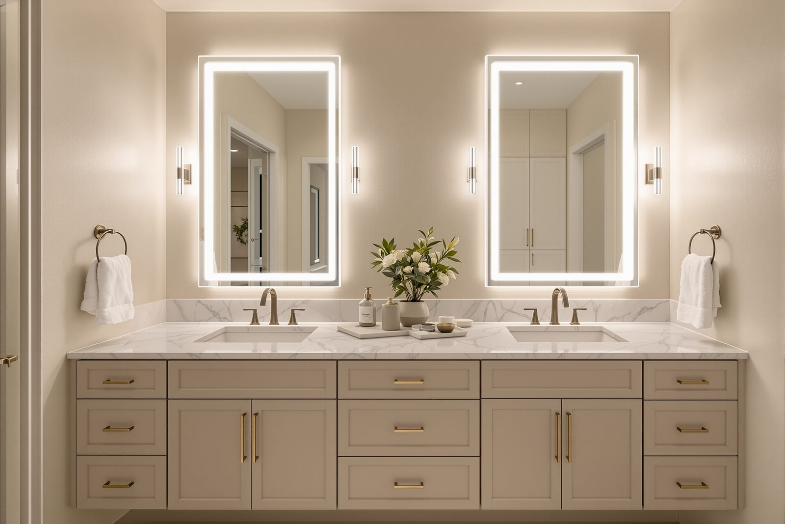Modern bathroom with LED vanity lighting in Dallas home