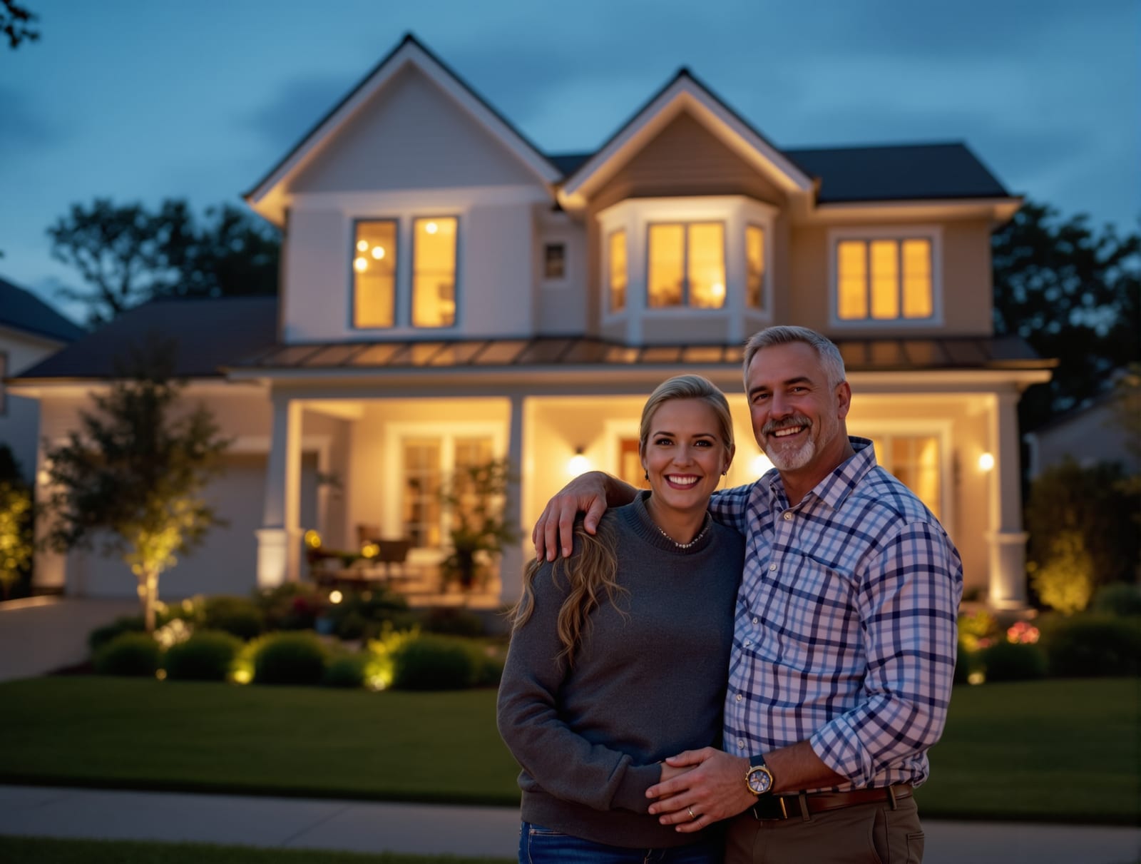 Happy DFW homeowners with professionally lit home