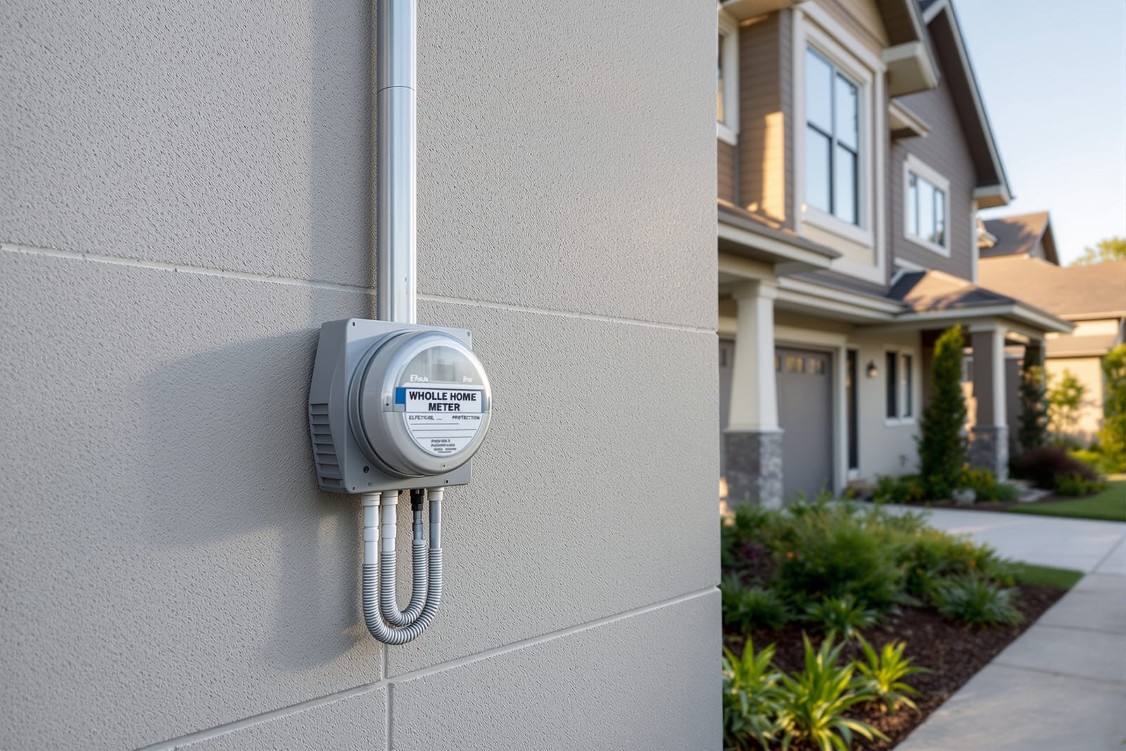 Modern suburban home exterior showing electrical service entrance for surge protection