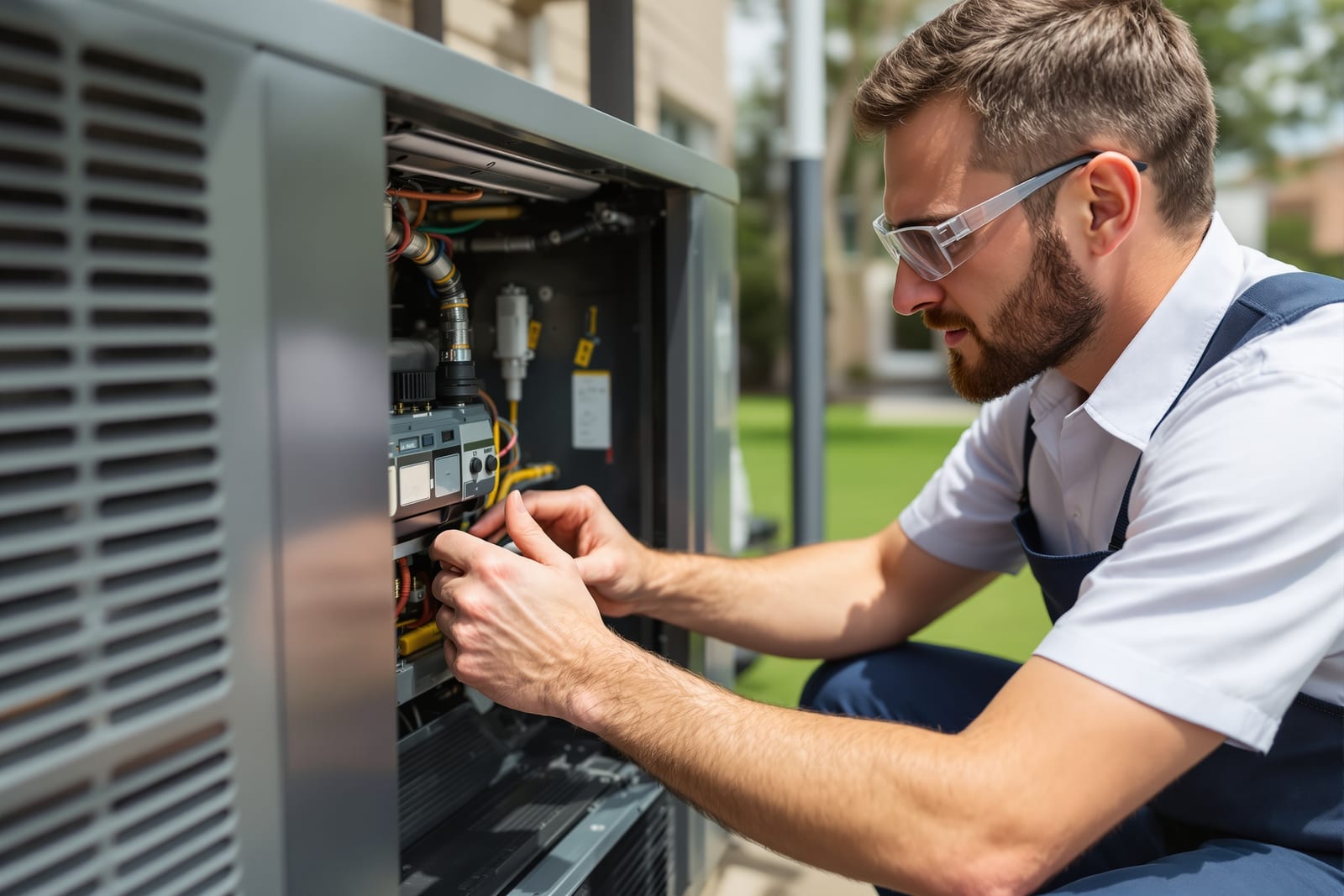 Technician performing annual maintenance on standby home generator