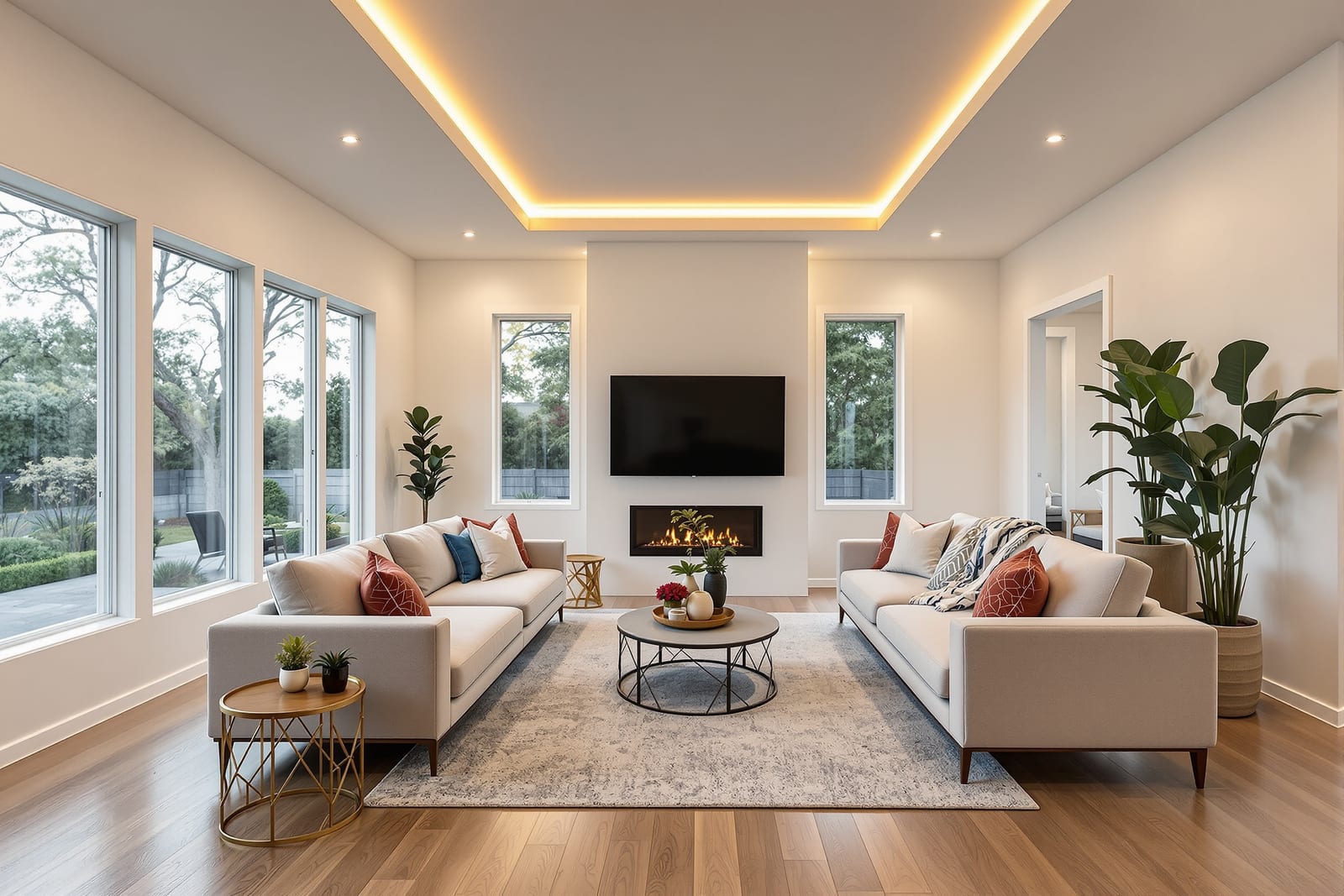 Modern living room with warm recessed lighting in Dallas home