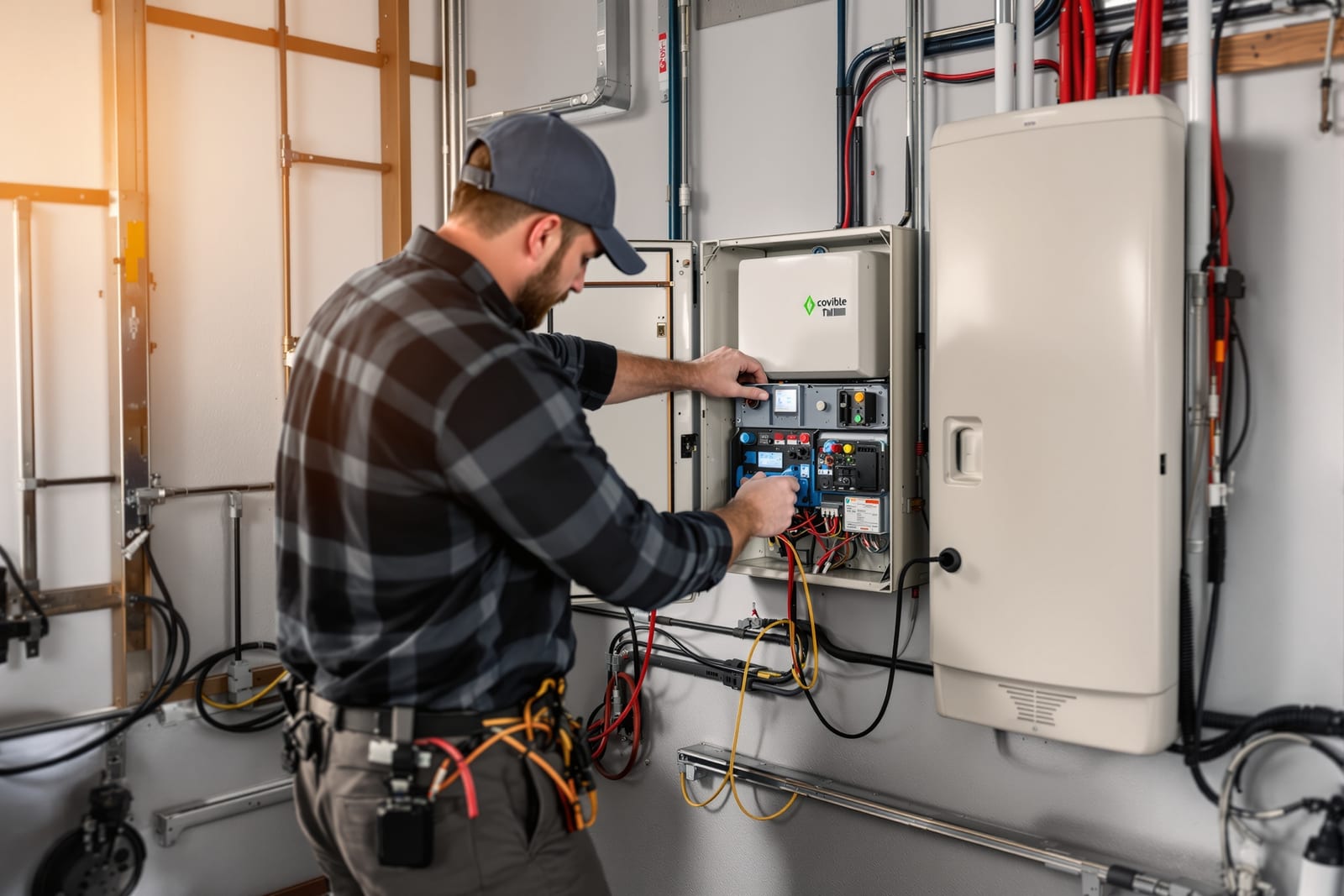 Electrician connecting standby generator to automatic transfer switch