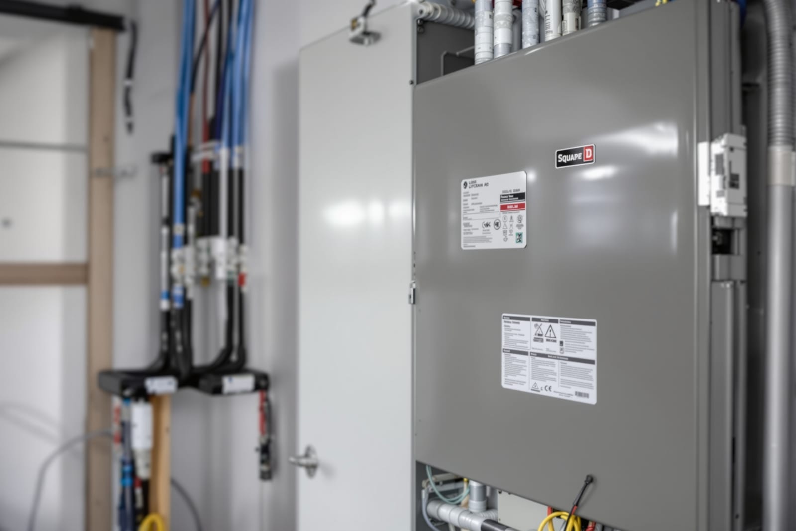 New 200-amp Square D electrical panel installed in residential garage