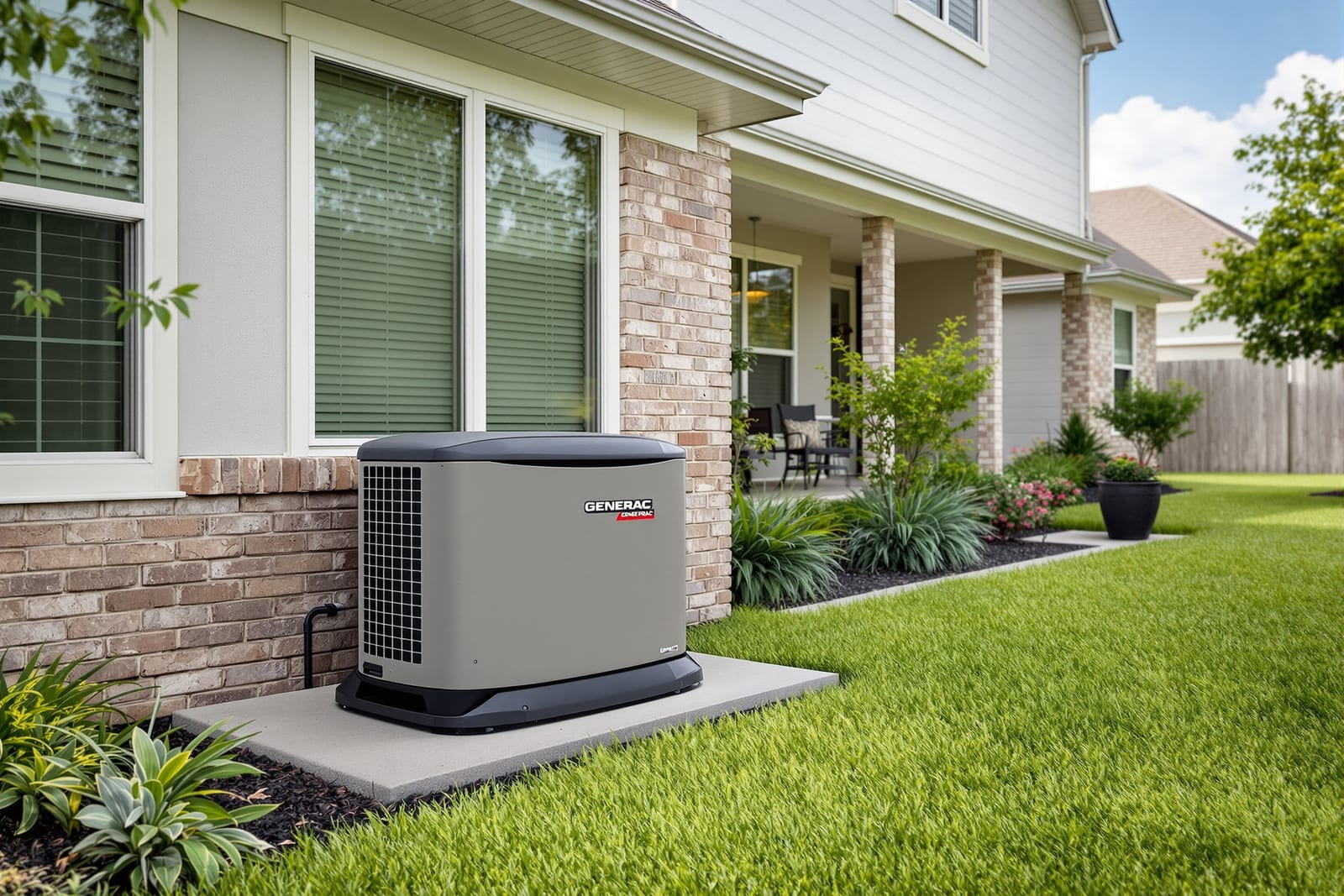Standby generator installed in residential backyard