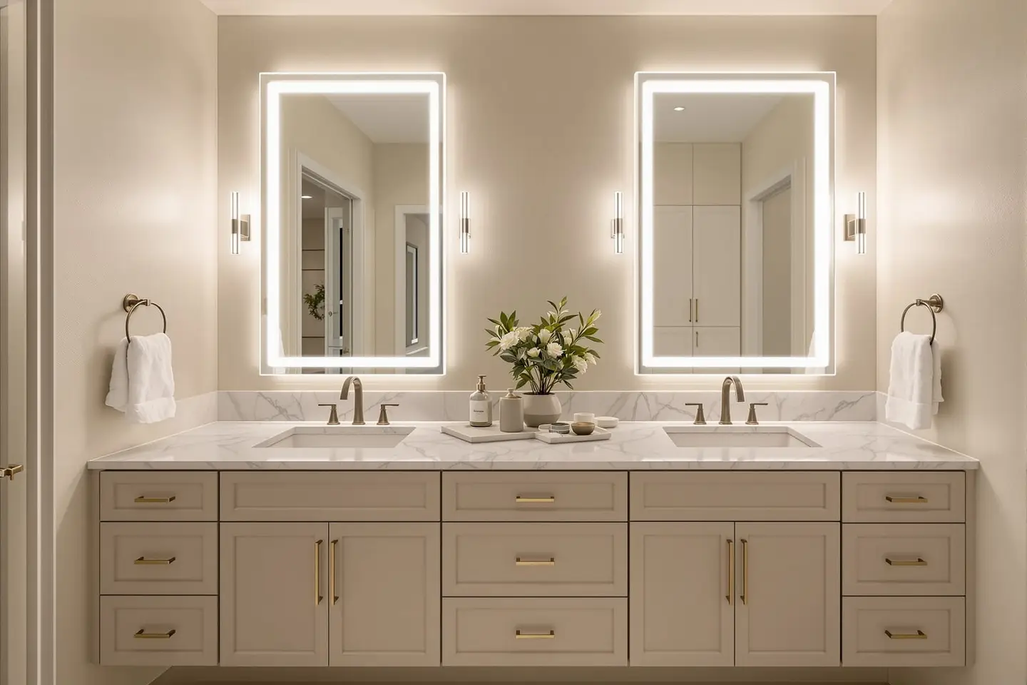 Modern bathroom with LED vanity lighting in Dallas home