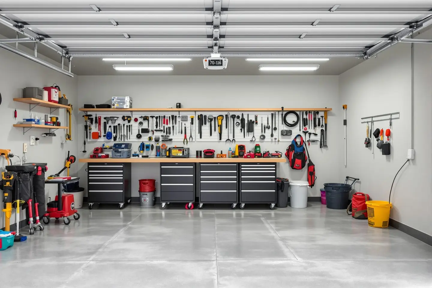 Residential garage with GFCI outlet on workbench wall