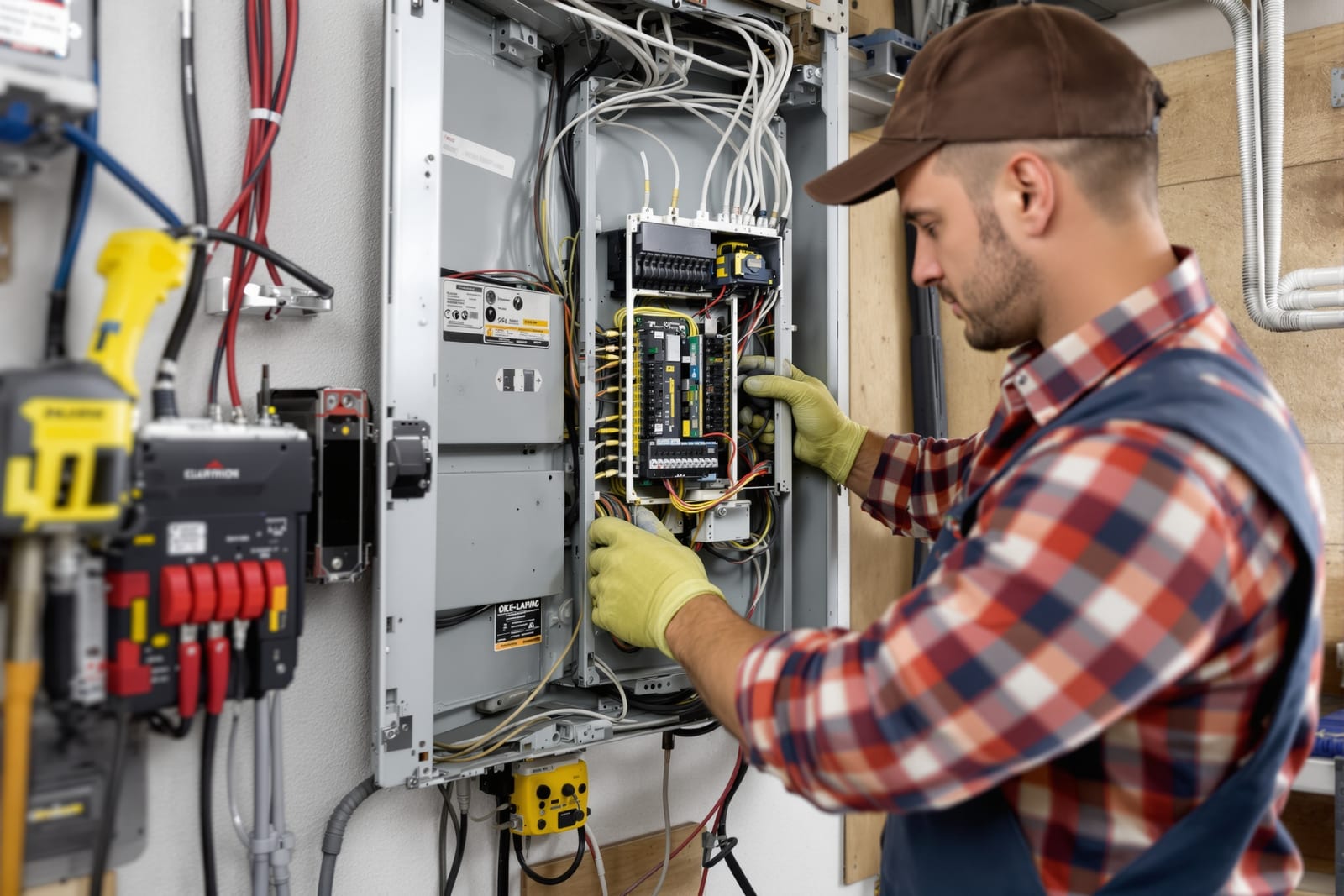Electrician installing whole-home surge protector inside electrical panel